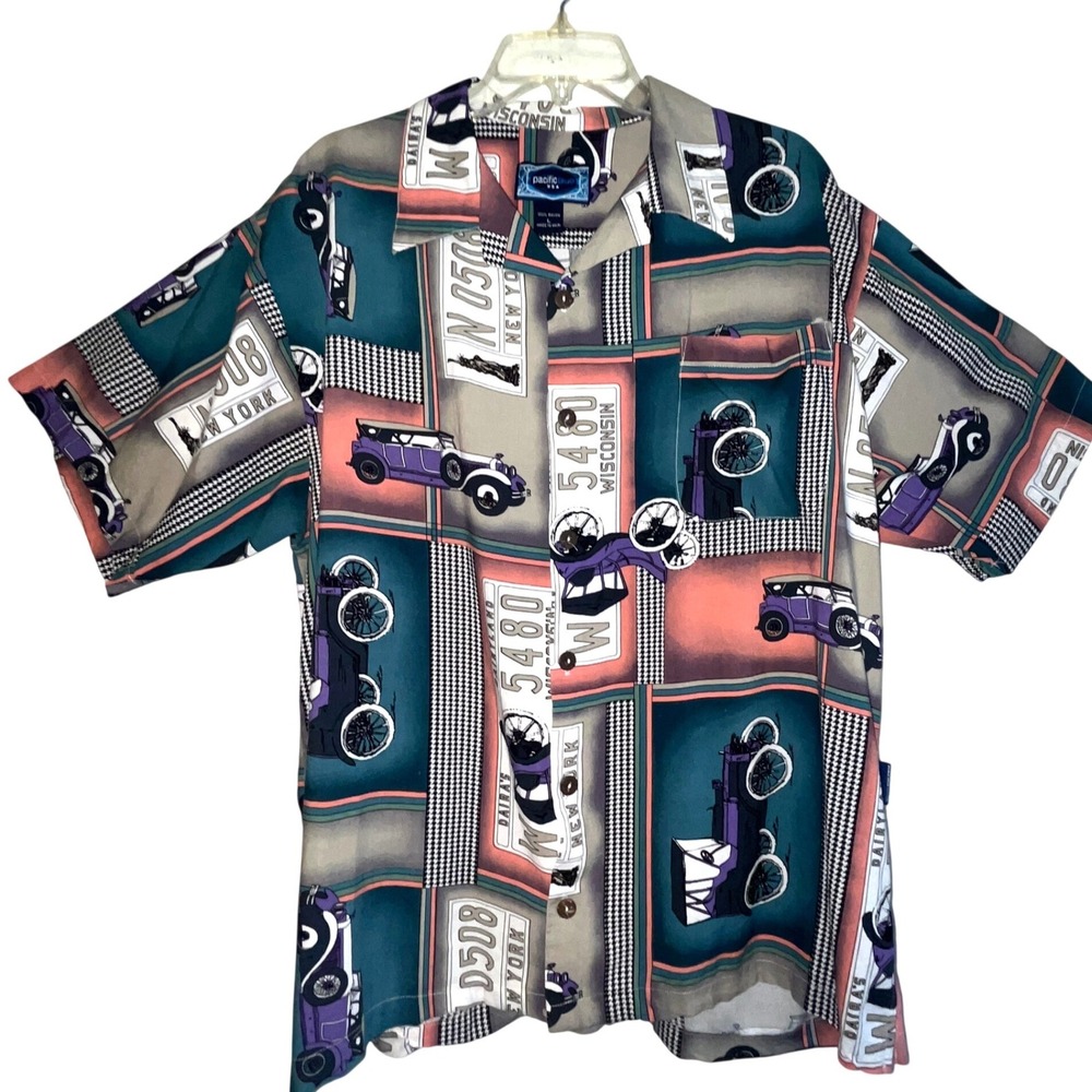 Pacific Blue USA Vintage Car License Plate Rayon Button Down Shirt Mens Large
